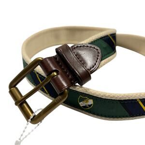 Polo Ralph Lauren Mens Green Rugby Stripe Canvas Leather D-Ring Belt Size 38